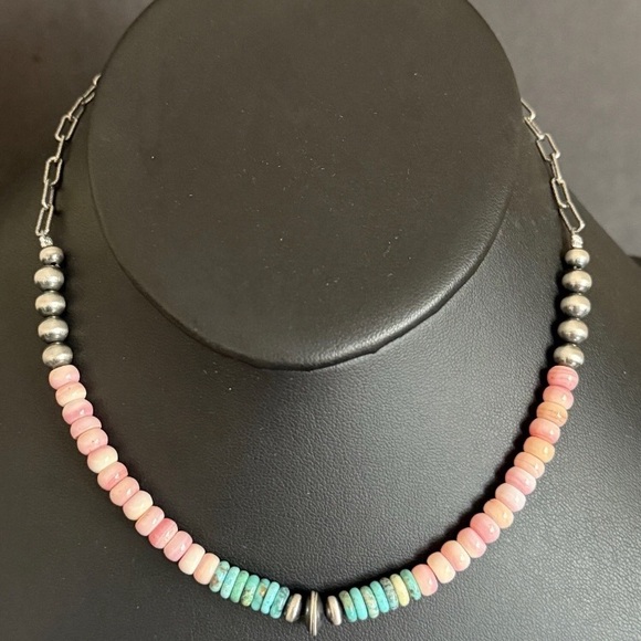 Sterling Silver Graduated Pink Conch Turquoise Pearls Chain Bead Necklace 16inch - Picture 1 of 7
